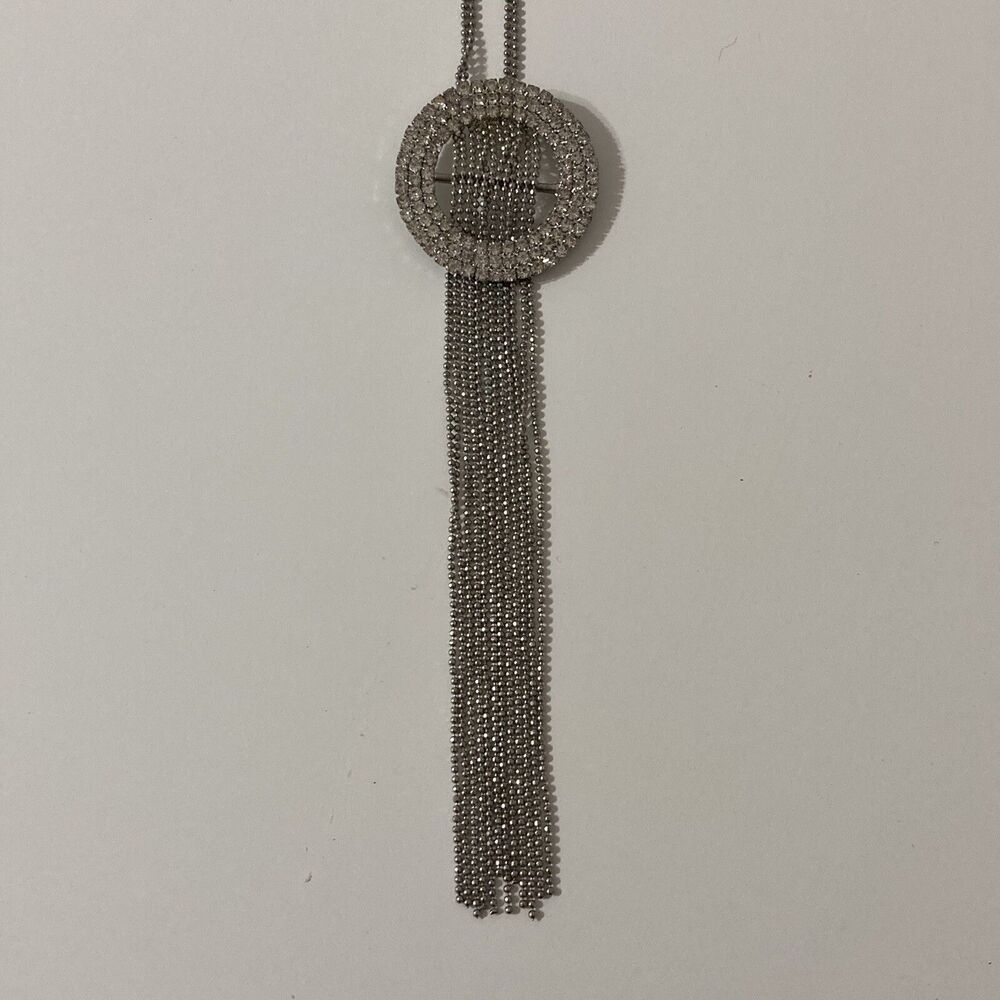 Silver Tone Long Round Circular Rhinestone Tassel Pendant Chain Necklace